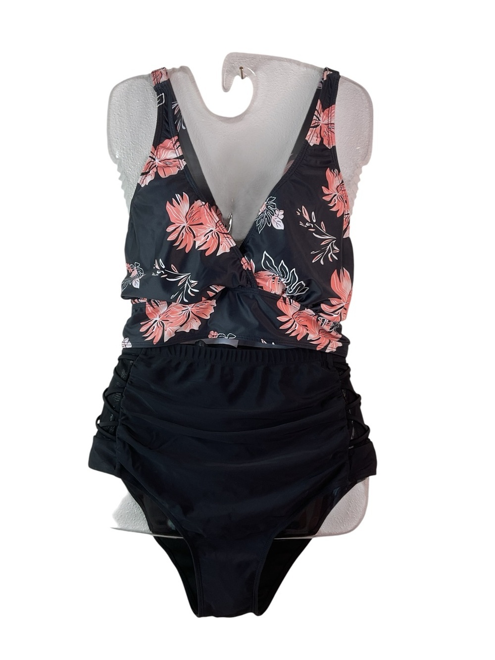 Floral Black & Coral Two-Piece Tankini Bikini Set 16W